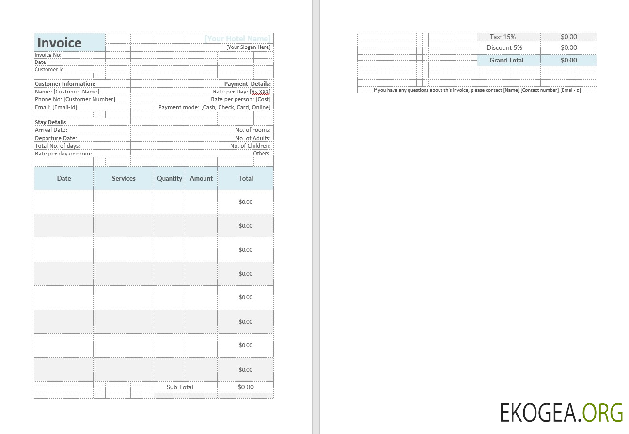 Modèle de facture d'hôtel template Modèle de facture d'hôtel template